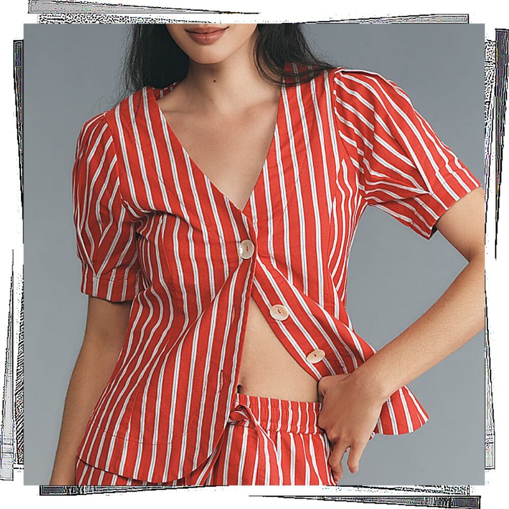 NWT: Red & White Stripe Linen Blend Puff Sleeve Jacket (2) Damson Madder - Picture 4 of 4